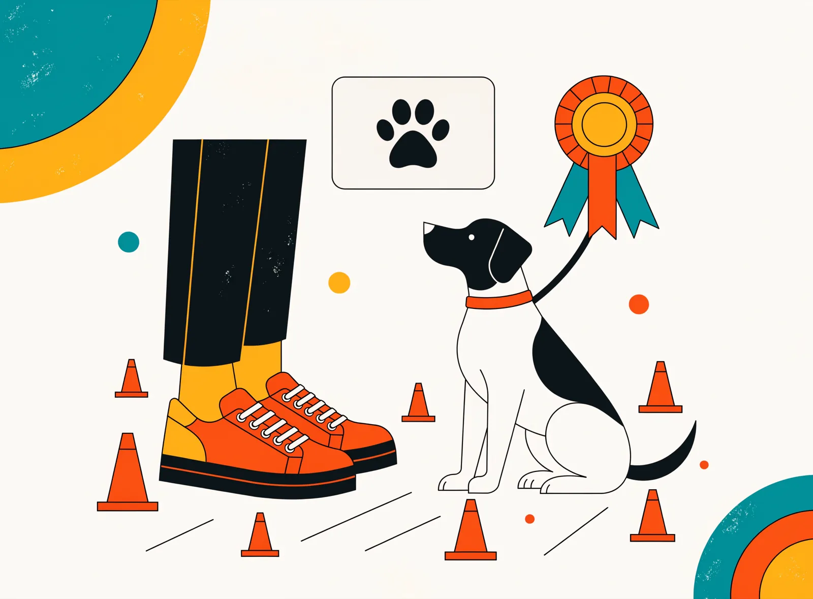 Illustration: Hund sitzt aufmerksam neben seinem Halter auf einem Übungsplatz, daneben eine Urkunde mit Pfotensymbol