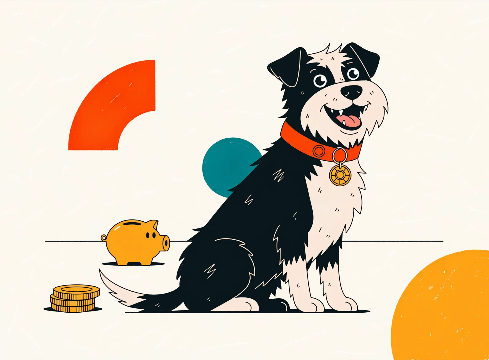 Illustration: fröhlicher Hund mit Steuermarke am Halsband, daneben Münzen und ein Sparschwein