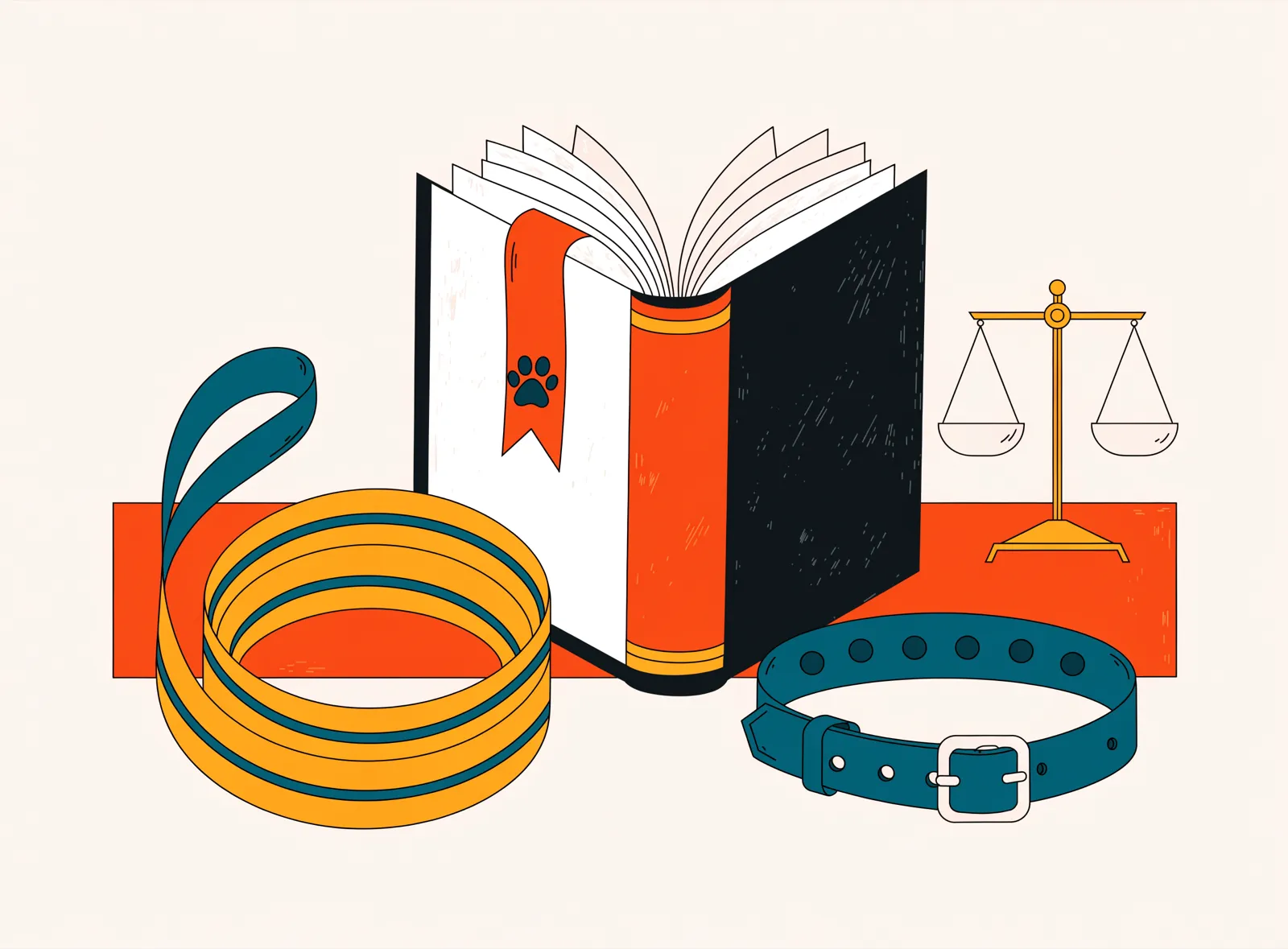 Illustration: aufgeschlagenes Gesetzbuch mit Pfoten-Lesezeichen, Leine, Halsband und Waage